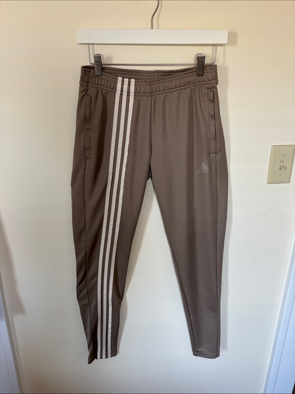 adidas women’s brown aeroready Track Pants tan 3-Stripes down right leg taupe